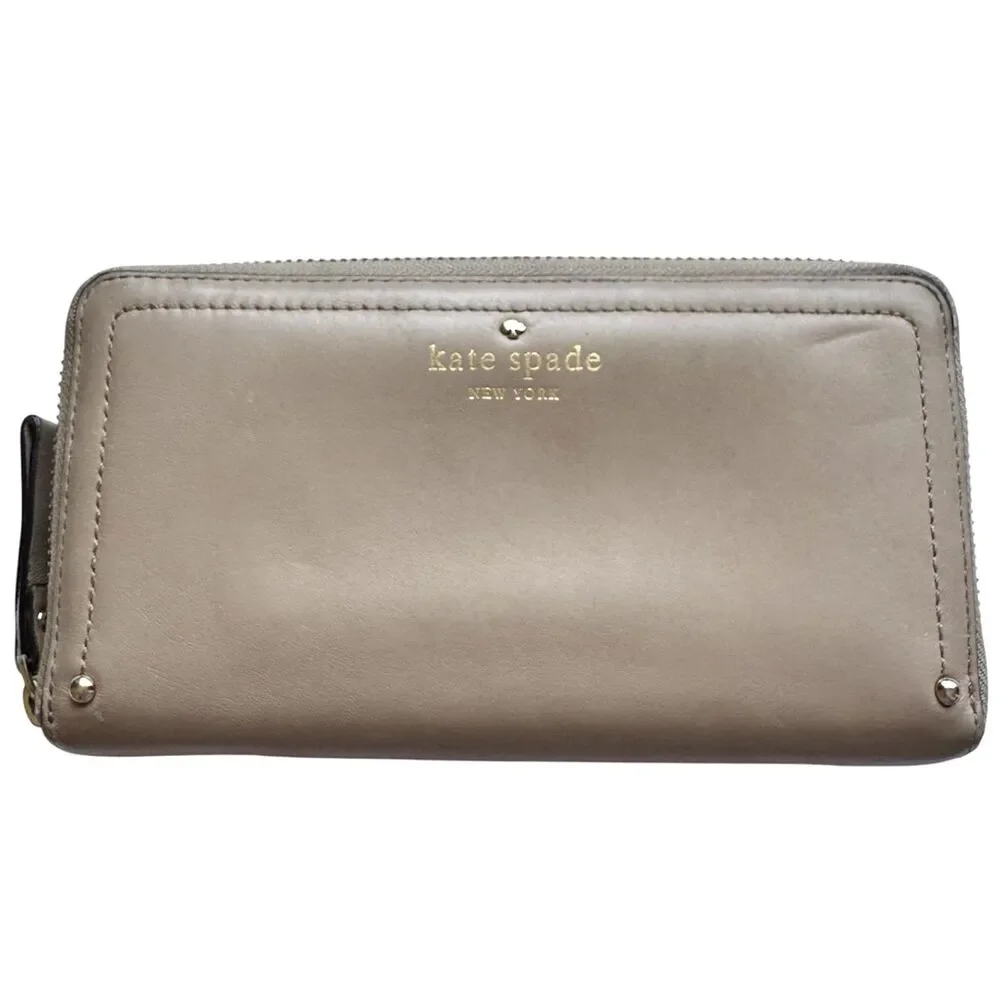 Kate Spade Zip Around Smooth Leather Wallet Gold Hardware Rivets Taupe Beige